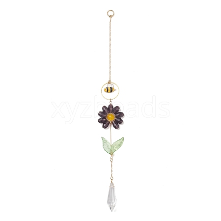 Alloy Enamel Bee & Glass Flower Crystal Suncatcher HJEW-TA00475-01-1