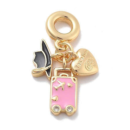 Brass Pink Enamel & Clear Cubic Zirconia Dangle Charms KK-M305-15G-02-1