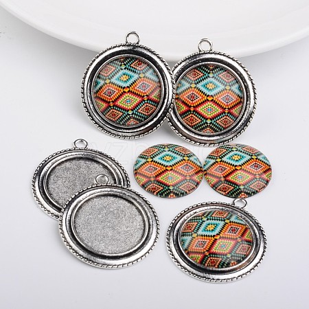 Flat Round Alloy Pendant Cabochon Bezel Settings and Geometric Flower Printed Glass Cabochons TIBEP-X0171-01-1